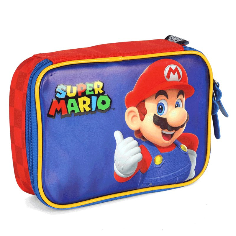 Kit Escolar Super Mario Vermelho e Azul Mochila de Costas + Estojo Box
