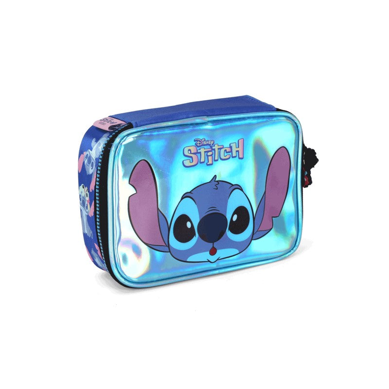 Kit Escolar Infantil Stitch Azul Holográfico Mochila de Rodinhas + Lancheira + Estojo - Luxcel
