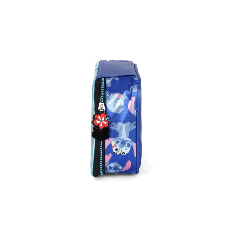 Kit Escolar Infantil Stitch Azul Holográfico Mochila de Rodinhas + Lancheira + Estojo - Luxcel