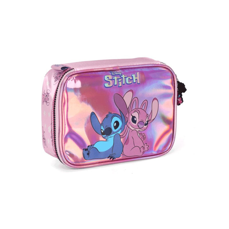 Kit Escolar Stitch e Angel Rosa Holográfico Mochila de Rodinhas + Lancheira + Estojo Box - Luxcel