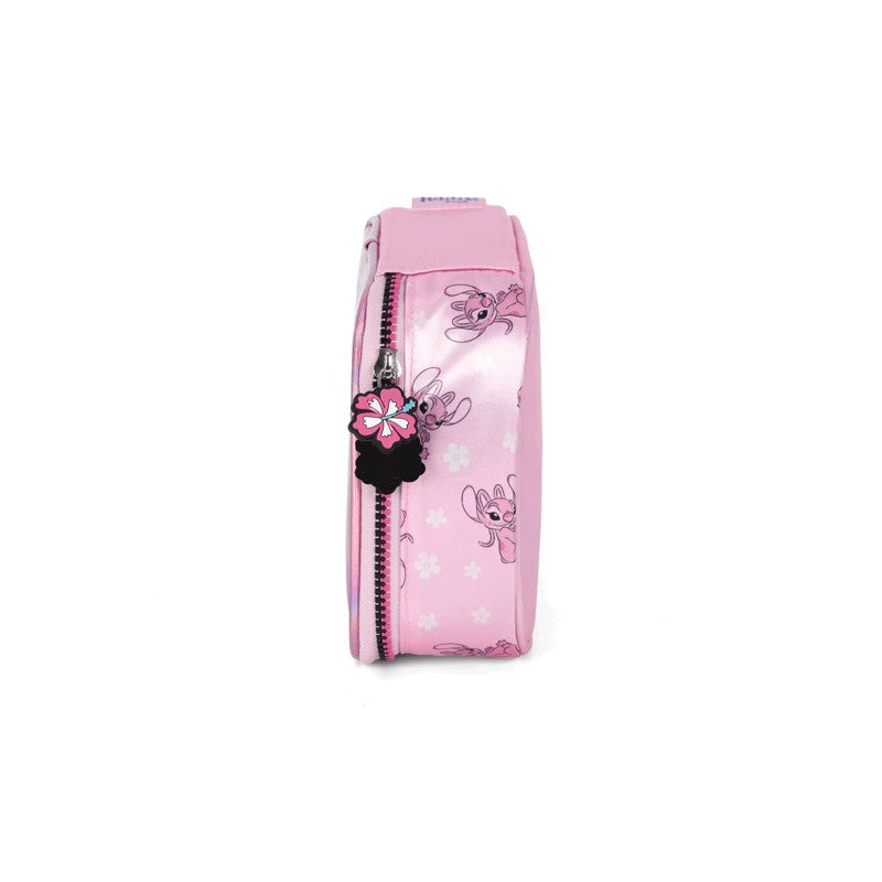 Kit Escolar Stitch e Angel Rosa Holográfico Mochila de Rodinhas + Lancheira + Estojo Box - Luxcel