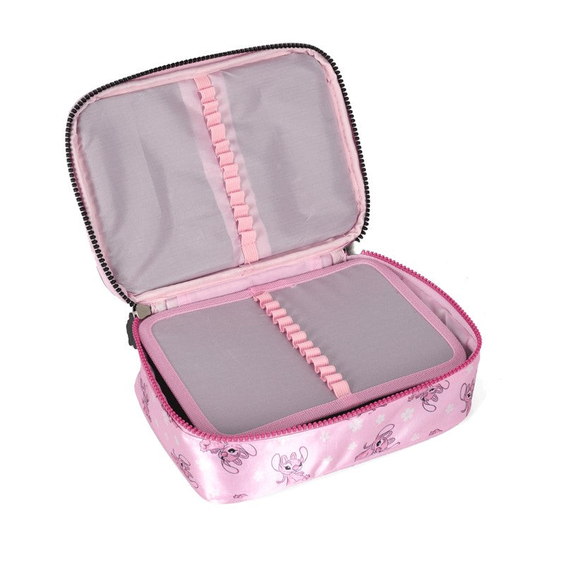 Kit Escolar Stitch e Angel Rosa Holográfico Mochila de Rodinhas + Lancheira + Estojo Box - Luxcel
