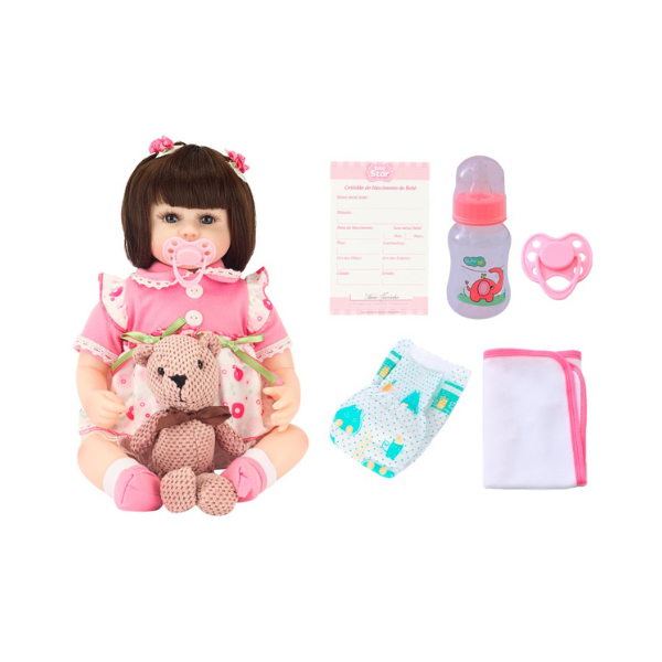 Boneca Bebê Reborn Morena com Vestido de Bolinhas e Acessórios Baby Star
