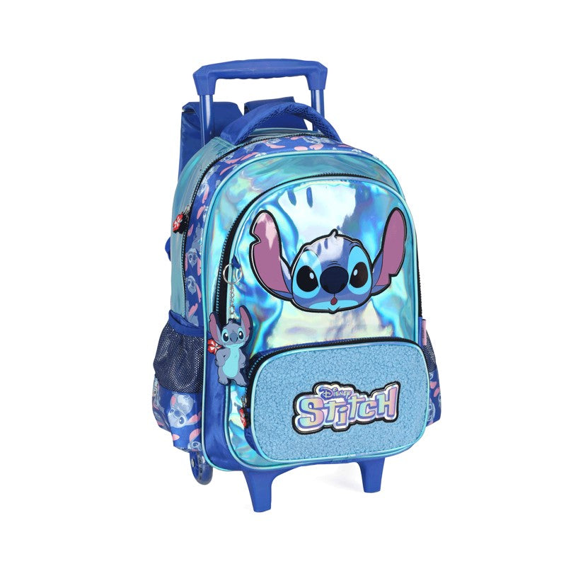 Kit Escolar Infantil Stitch Azul Holográfico Mochila de Rodinhas + Lancheira + Estojo - Luxcel