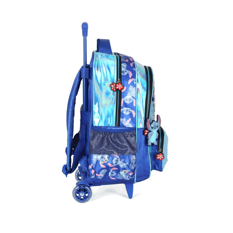 Kit Escolar Infantil Stitch Azul Holográfico Mochila de Rodinhas + Lancheira + Estojo - Luxcel