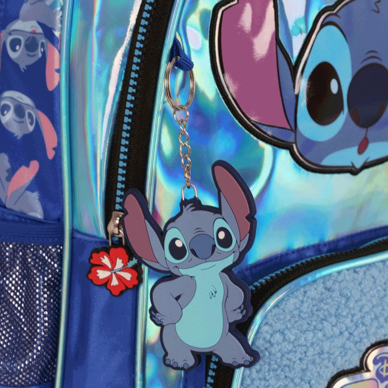 Kit Escolar Infantil Stitch Azul Holográfico Mochila de Rodinhas + Lancheira + Estojo - Luxcel