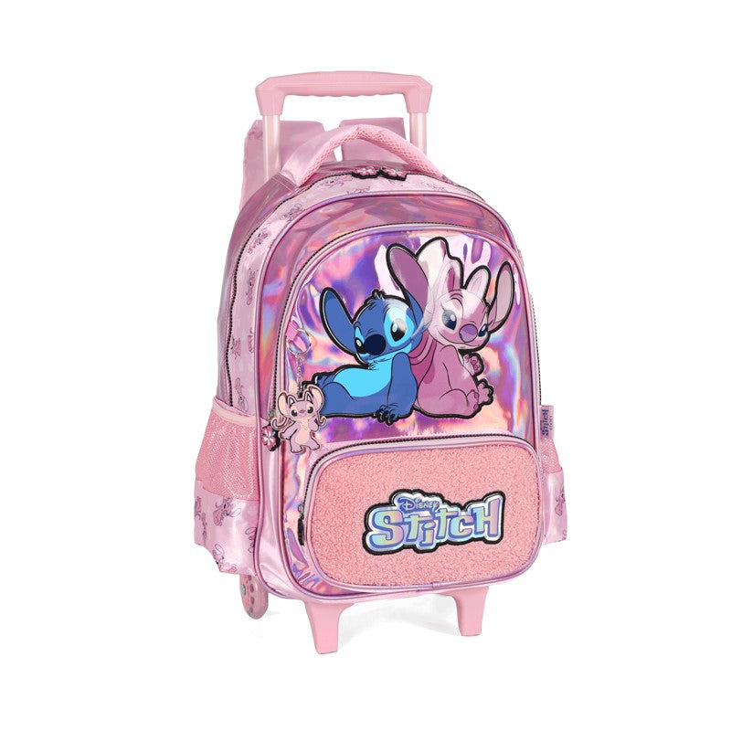 Kit Escolar Stitch e Angel Rosa Holográfico Mochila de Rodinhas + Lancheira + Estojo Box - Luxcel
