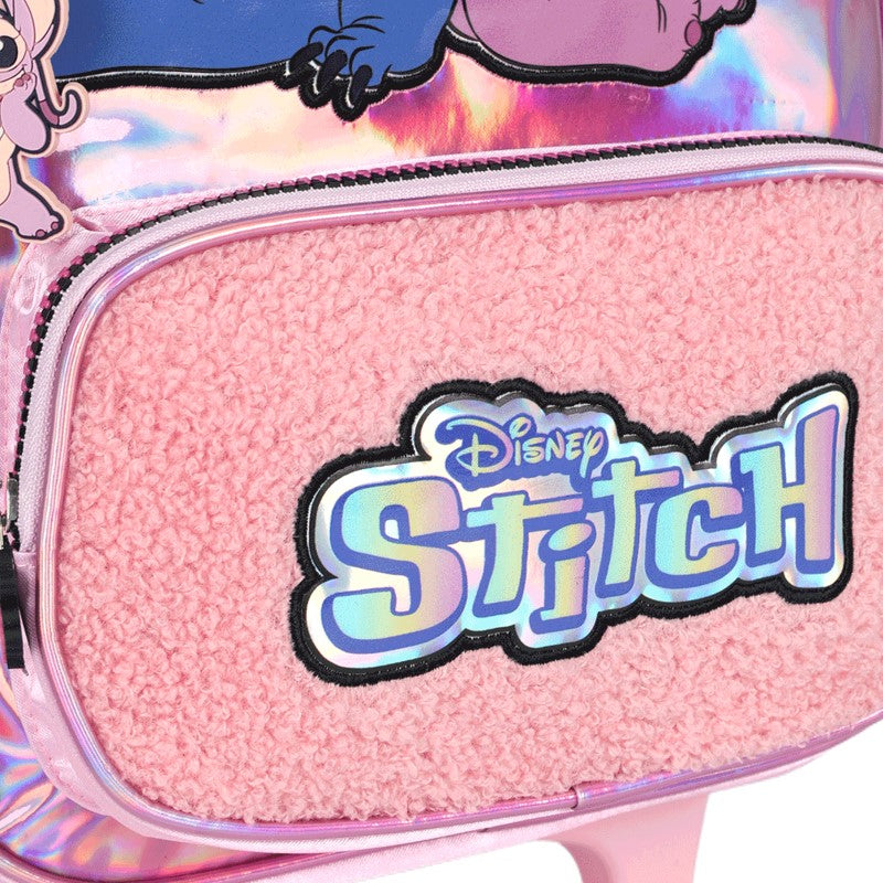 Kit Escolar Stitch e Angel Rosa Holográfico Mochila de Rodinhas + Lancheira + Estojo Box - Luxcel