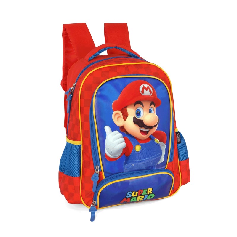 Kit Escolar Super Mario Vermelho e Azul Mochila de Costas + Estojo Box