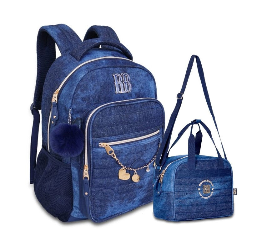 Kit Mochila de Costas e Lancheira Jeans Juvenil Rebecca Bonbon