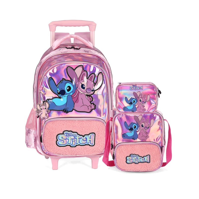 Kit Escolar Stitch e Angel Rosa Holográfico Mochila de Rodinhas + Lancheira + Estojo Box - Luxcel