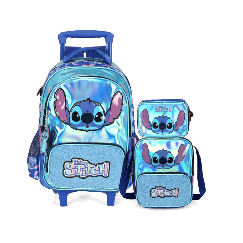 Kit Escolar Infantil Stitch Azul Holográfico Mochila de Rodinhas + Lancheira + Estojo - Luxcel