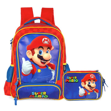 Kit Escolar Super Mario Vermelho e Azul Mochila de Costas + Estojo Box