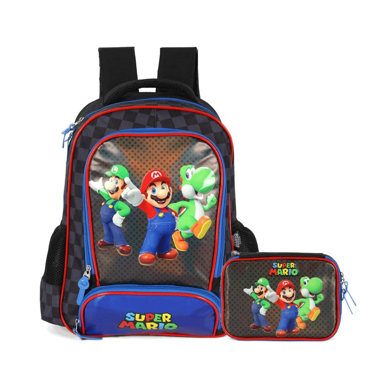 Kit Escolar Super Mario Preto e Azul Mochila de Costas + Estojo Box - Luxcel