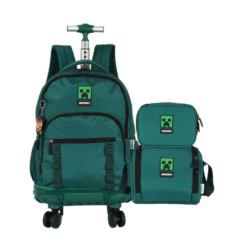 Kit Mochila Escolar de Rodinhas Minecraft Creeper com Lancheira e Estojo - Luxcel