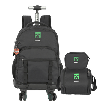 Kit Mochila Escolar de Rodinhas Minecraft Creeper Preto com Lancheira e Estojo - Luxcel