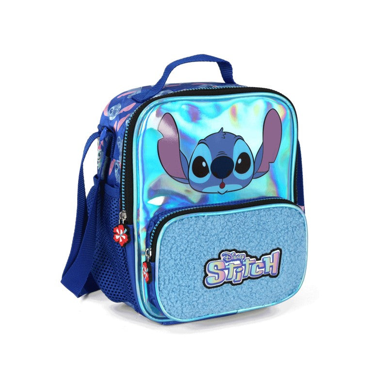 Kit Escolar Infantil Stitch Azul Holográfico Mochila de Rodinhas + Lancheira + Estojo - Luxcel