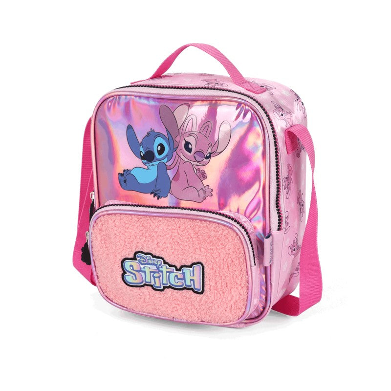 Kit Escolar Stitch e Angel Rosa Holográfico Mochila de Rodinhas + Lancheira + Estojo Box - Luxcel