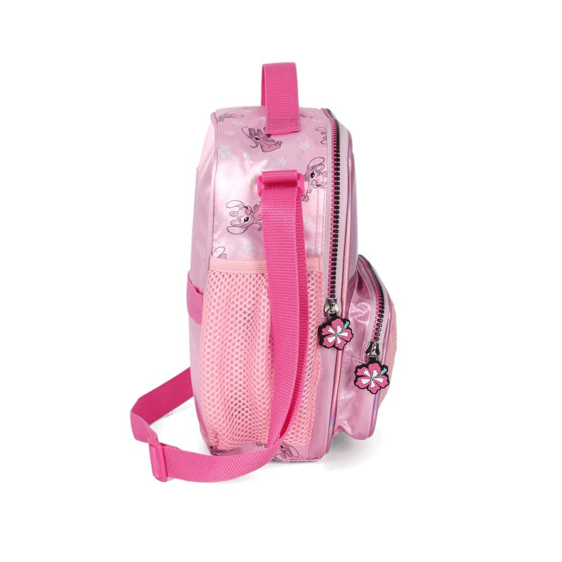 Kit Escolar Stitch e Angel Rosa Holográfico Mochila de Rodinhas + Lancheira + Estojo Box - Luxcel