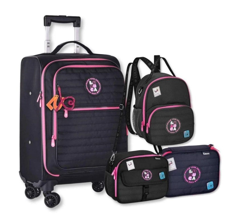 Kit Mala Escolar Luluca Rodinhas 360 Lancheira e Estojo