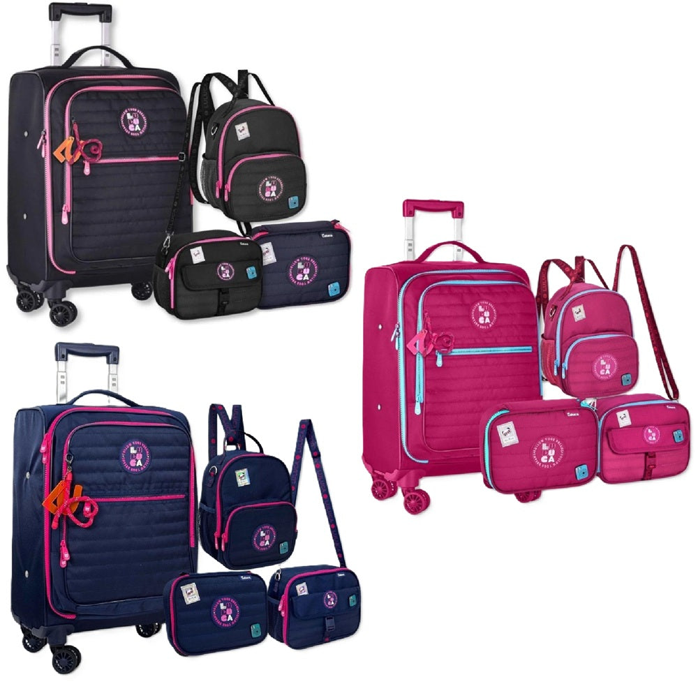 Kit Mala Escolar Luluca Rodinhas 360 Lancheira e Estojo