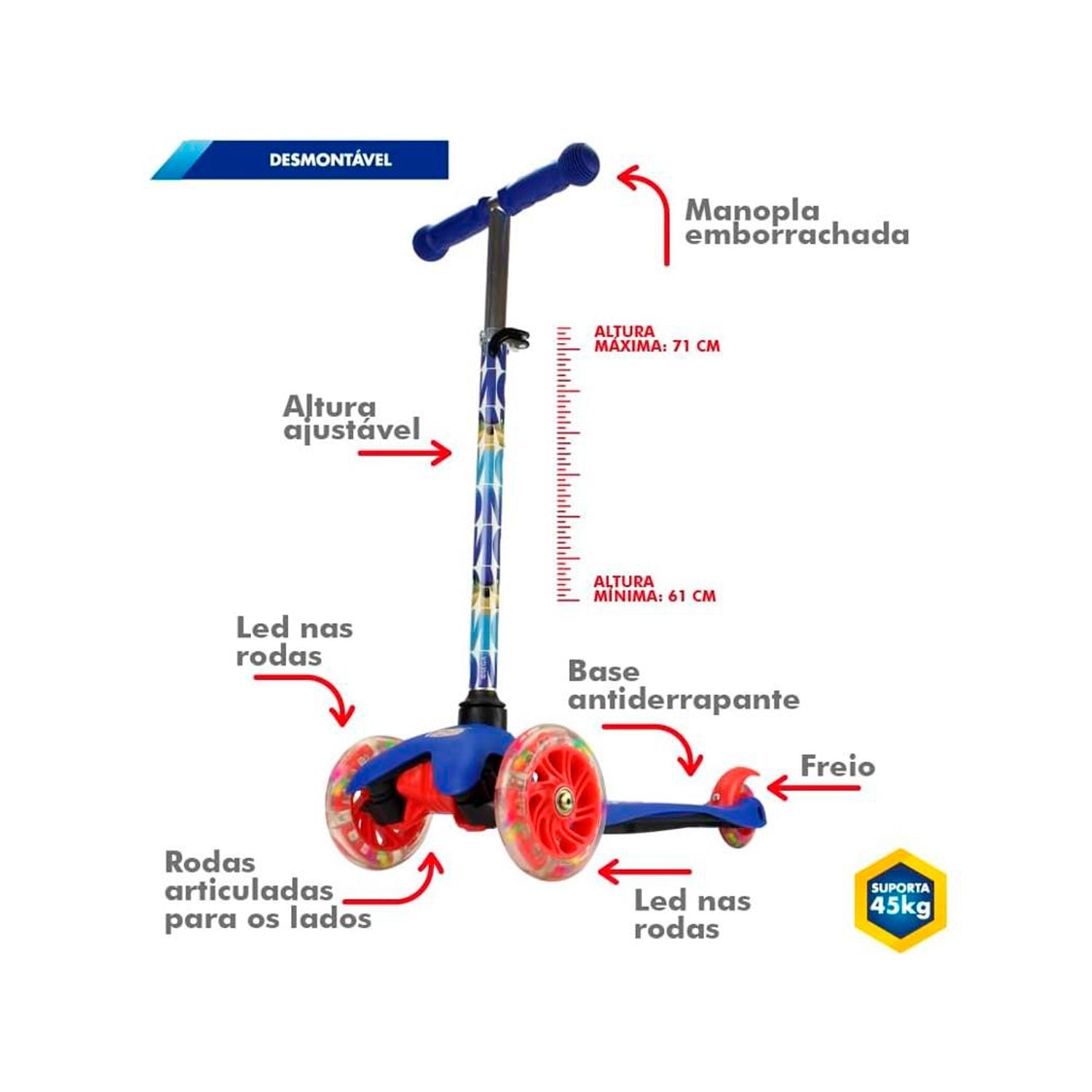 Patinete Ajustável Sonic 3 Rodas com Led BBR Toys