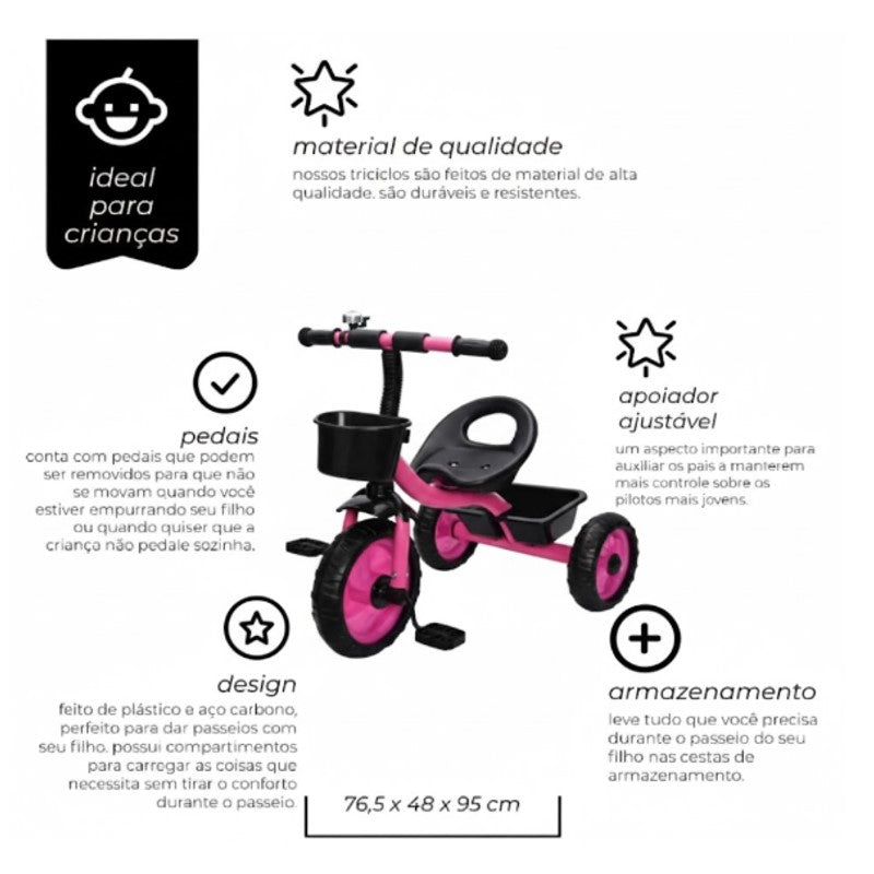 Triciclo Infantil Rosa com Cestinha e Buzina - Shiny