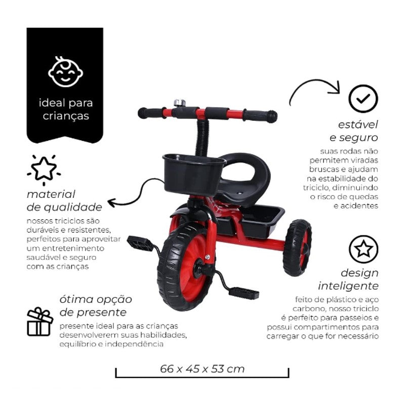 Triciclo Infantil Vermelho com Cestinha e Buzina - Shiny