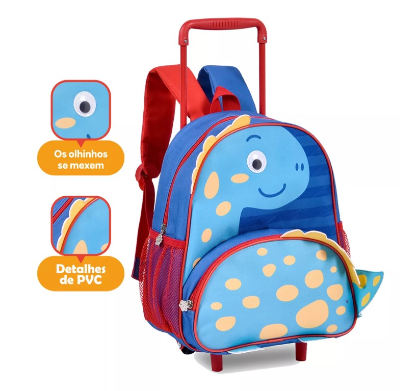 Kit Mochila De Rodinha + Lancheira Infantil Clio Pets Escolar Dino