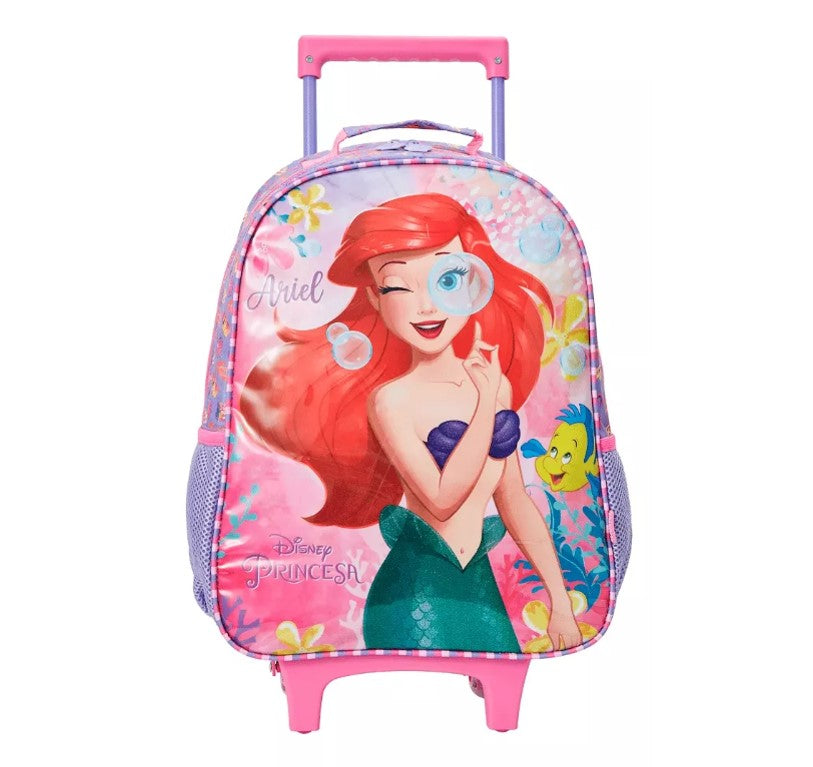 Kit Mochila Com Rodas Escolar 16 Princesa Disney Ariel Rosa