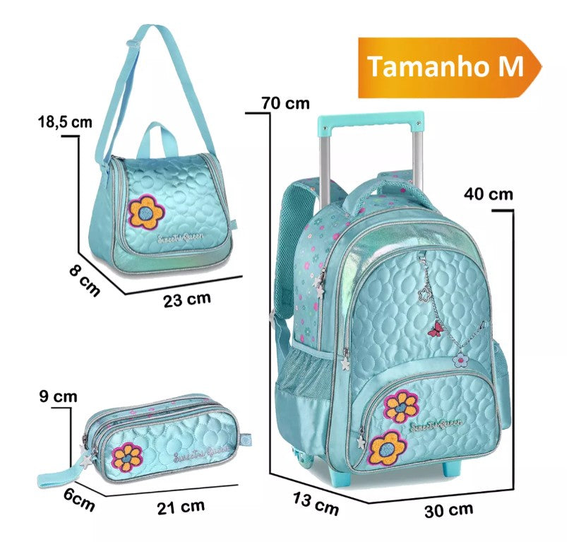 Kit Mochila de Rodinhas Princesas Sweet Queen Lancheira e Estojo