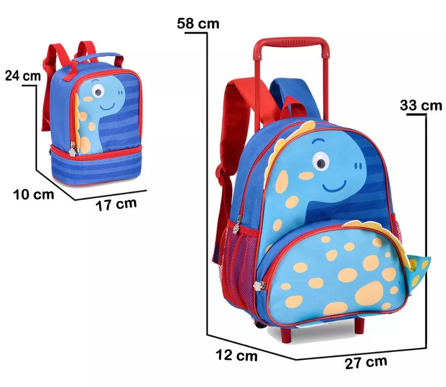 Kit Mochila De Rodinha + Lancheira Infantil Clio Pets Escolar Dino
