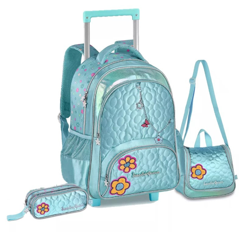 Kit Mochila de Rodinhas Princesas Sweet Queen Lancheira e Estojo