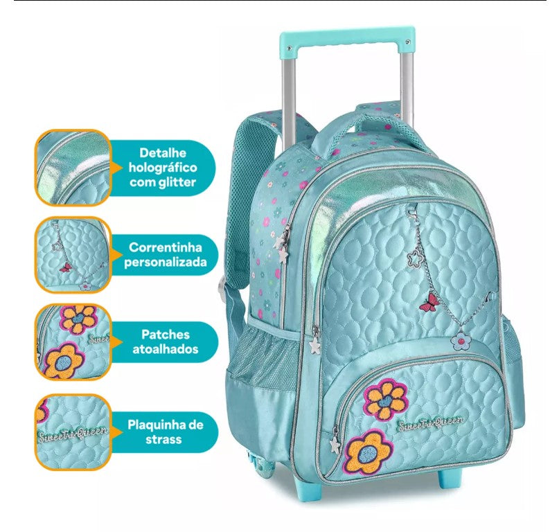 Kit Mochila de Rodinhas Princesas Sweet Queen Lancheira e Estojo