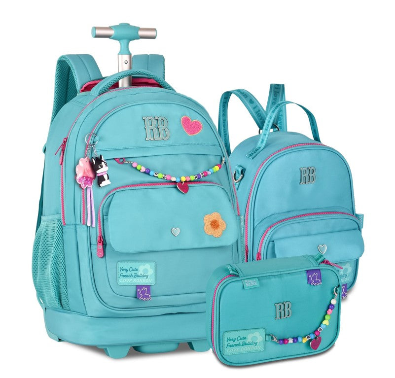 Kit Mochila de Rodinhas Rebecca Bonbon Color Pop Miçangas + Lancheira e Estojo