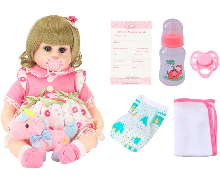 Boneca Bebê Reborn Loira com Vestido de Bolinhas e Acessórios Baby Star