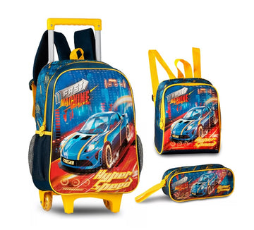 Kit Mochila Infantil De Rodinhas Com Estojo E Lancheira Carros