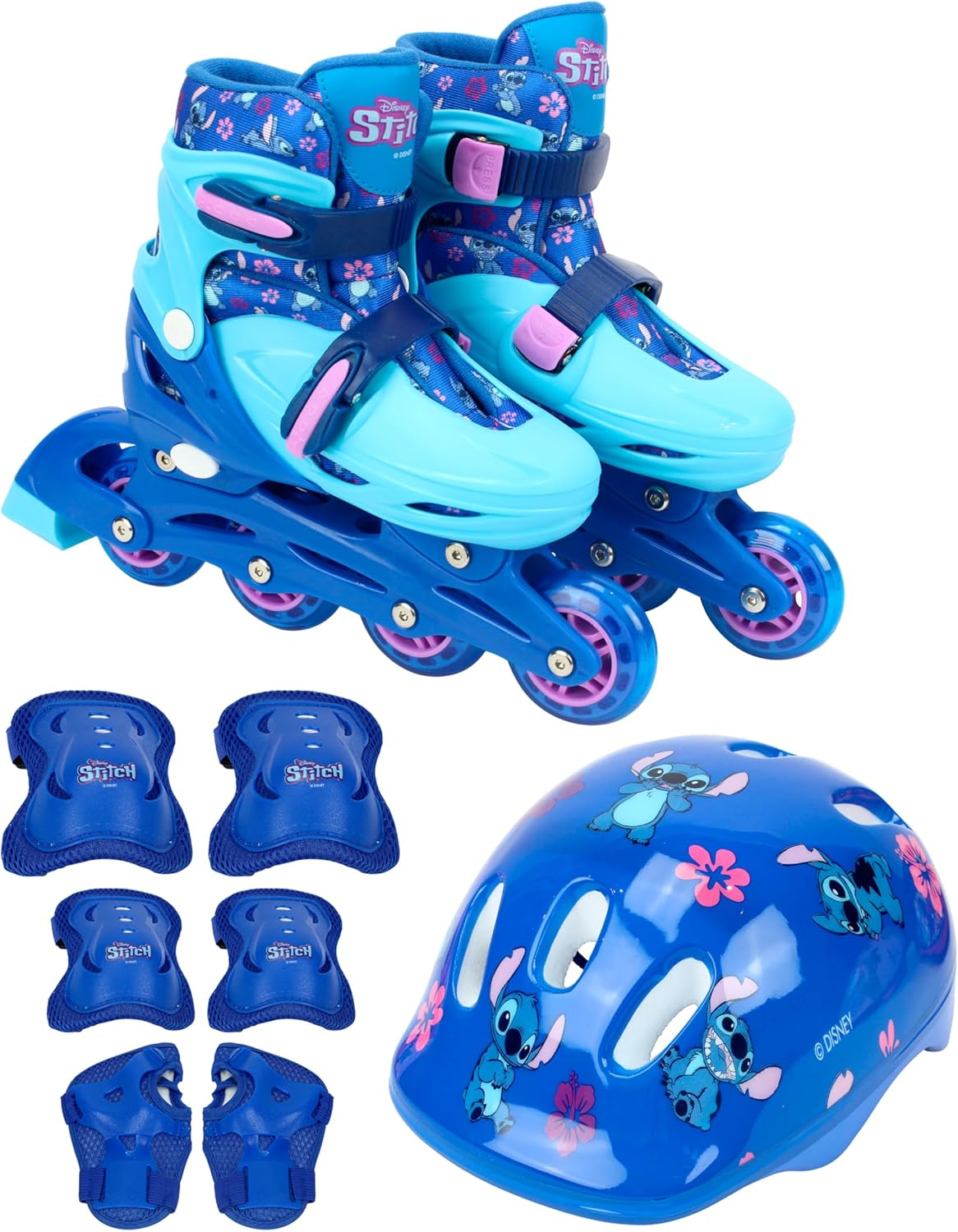 Kit Patins 2 em 1 Inline e Triline com Kit de Proteção Stitch Disney