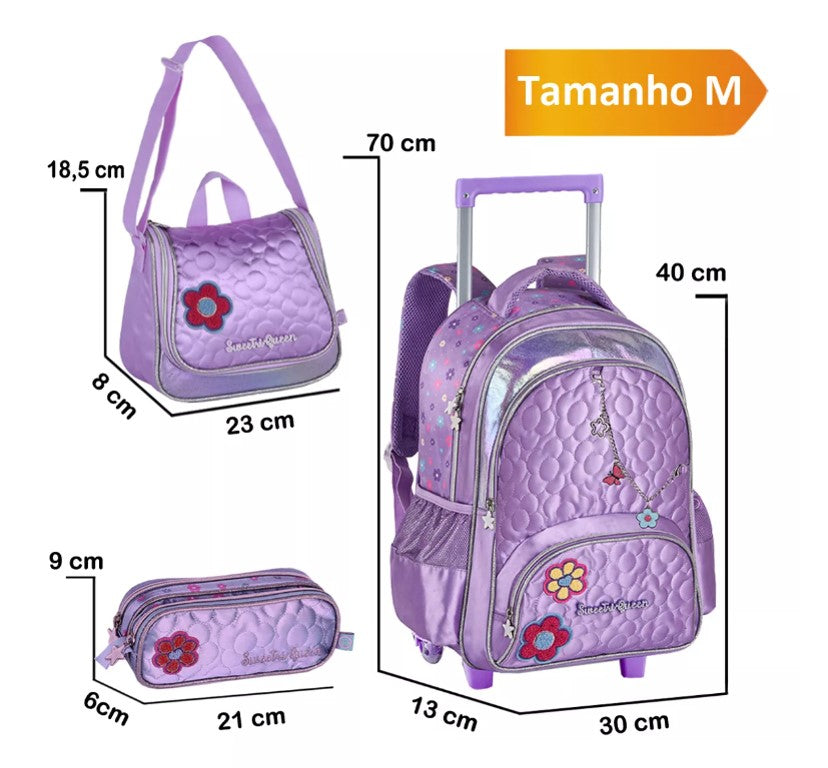 Kit Mochila de Rodinhas Princesas Sweet Queen Lancheira e Estojo