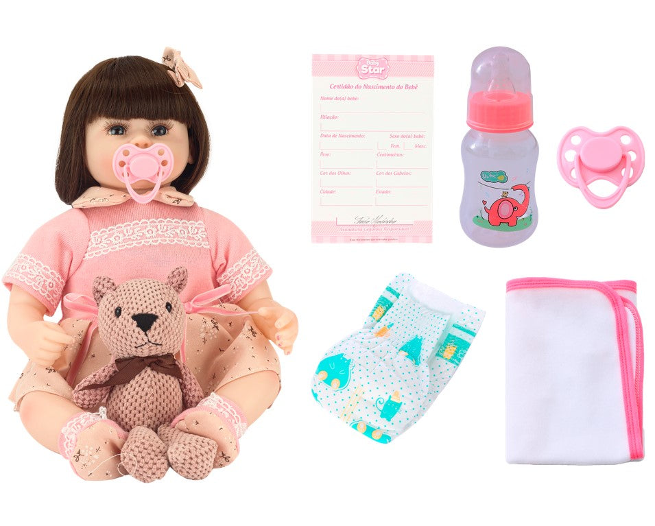 Boneca Bebê Reborn Lacinho Rosa com Acessórios Baby Star