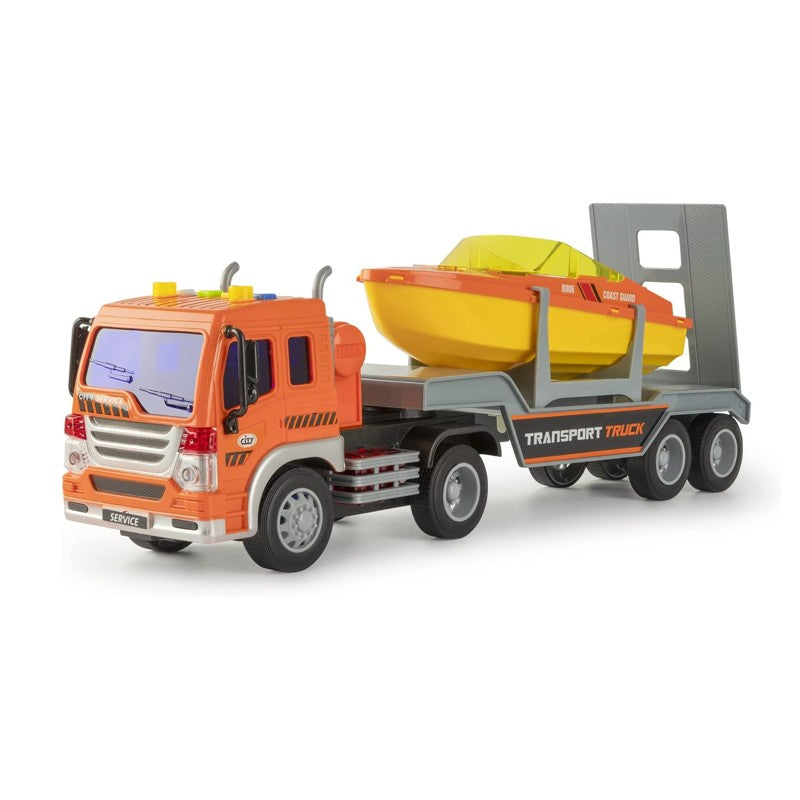 Caminhão Cegonha Fricção com Lancha Laranja Som e Luz - Brink Center