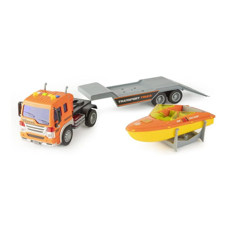 Caminhão Cegonha Fricção com Lancha Laranja Som e Luz - Brink Center