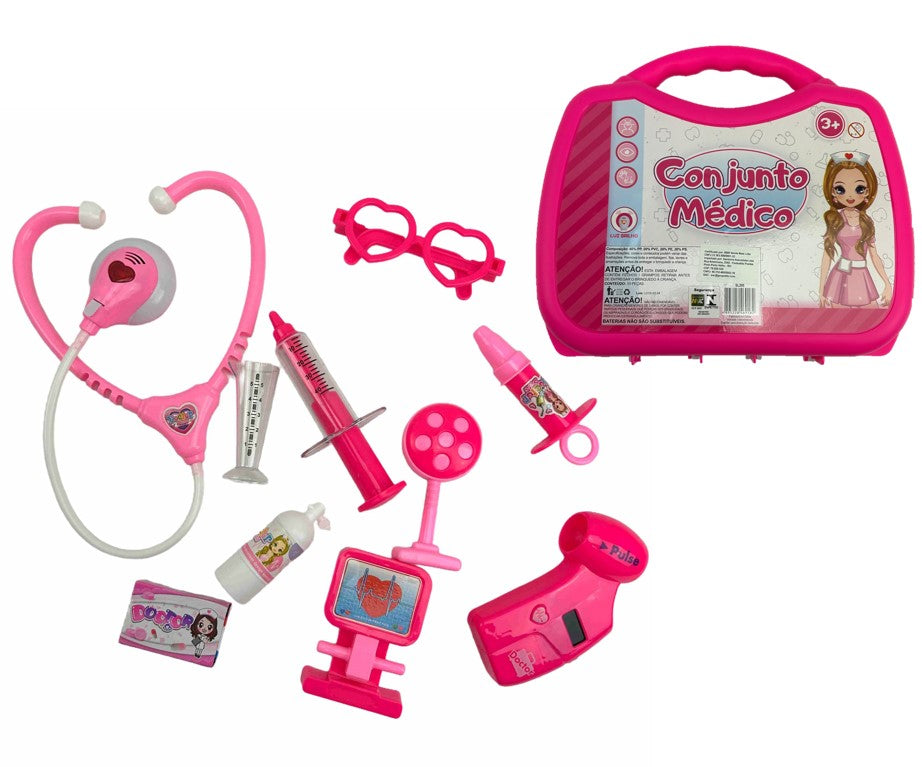 Brinquedo Maleta Médica Infantil Rosa Kit com Luz e Som