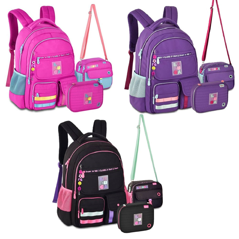 Kit Mochila de Costas Colorida Luluca com Lancheira e Estojo Clio LU24600