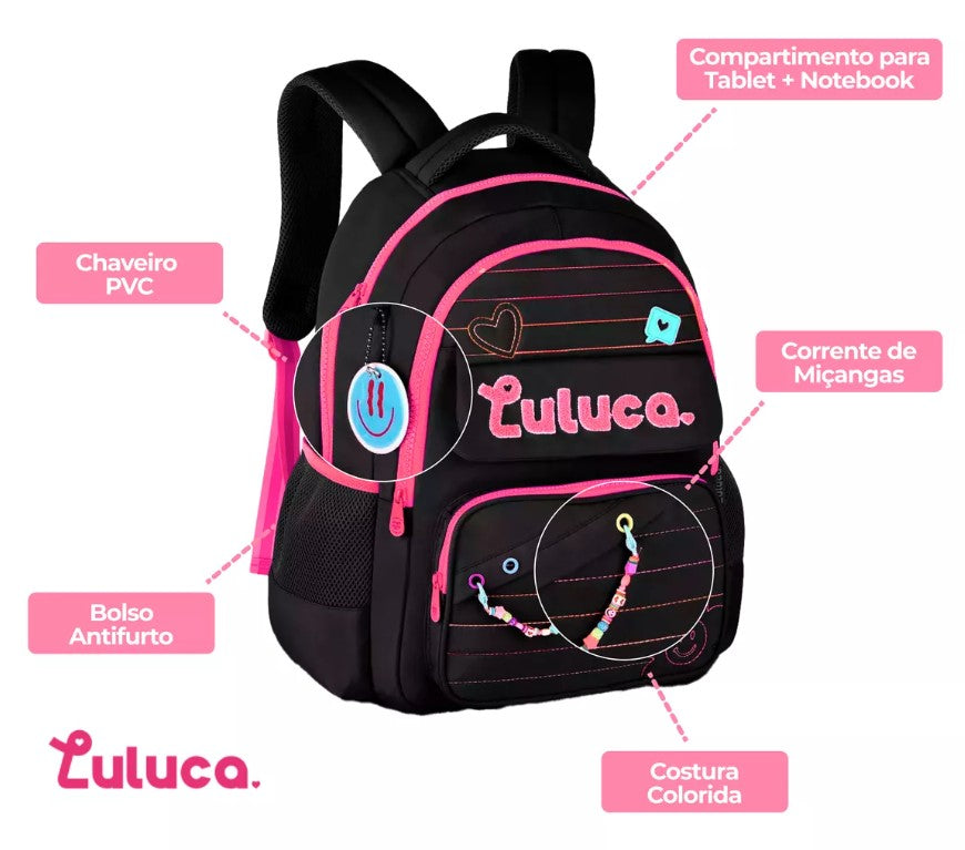 Kit Mochila Luluca Escolar Lancheira E Estojo LU24610