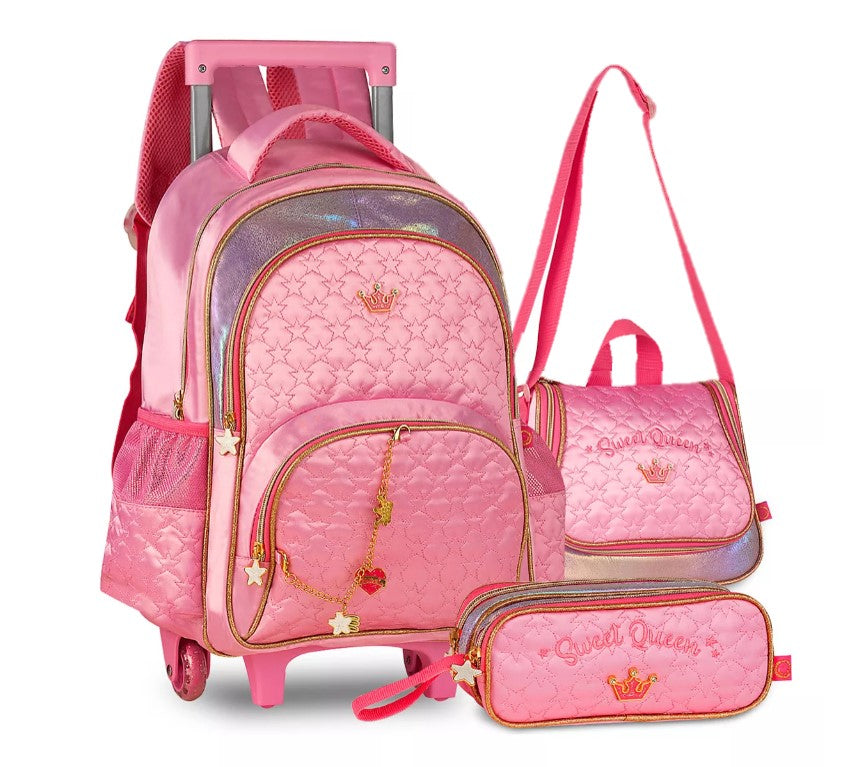 Kit Mochila Princesas Escolar Infantil Rodinhas Menina