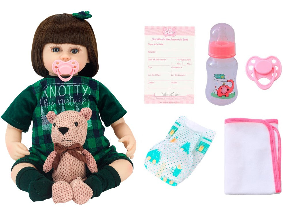 Boneca Bebê Reborn Macacão Quadriculado com Acessórios Baby Star