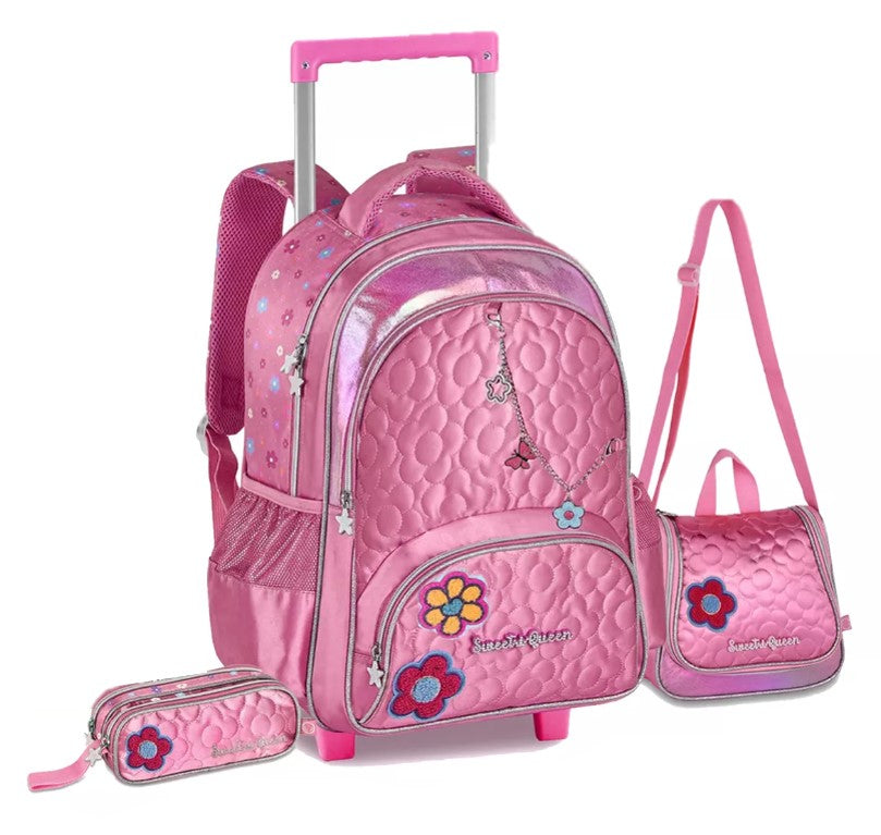 Kit Mochila de Rodinhas Princesas Sweet Queen Lancheira e Estojo