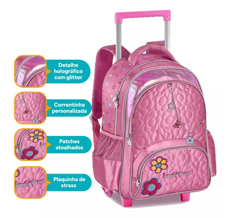Kit Mochila de Rodinhas Princesas Sweet Queen Lancheira e Estojo