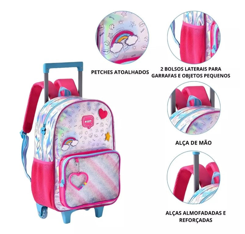 Kit Mochila De Carrinho Holográfica Lancheira Térmica e Estojo